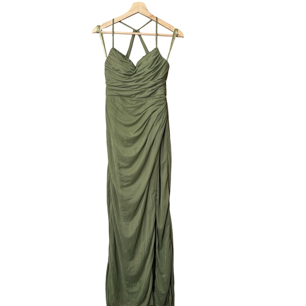 Azazie Pistachio Green Sweetheart Lace Trim Leg Slit Ruched Maxi Dress Size‎ A6